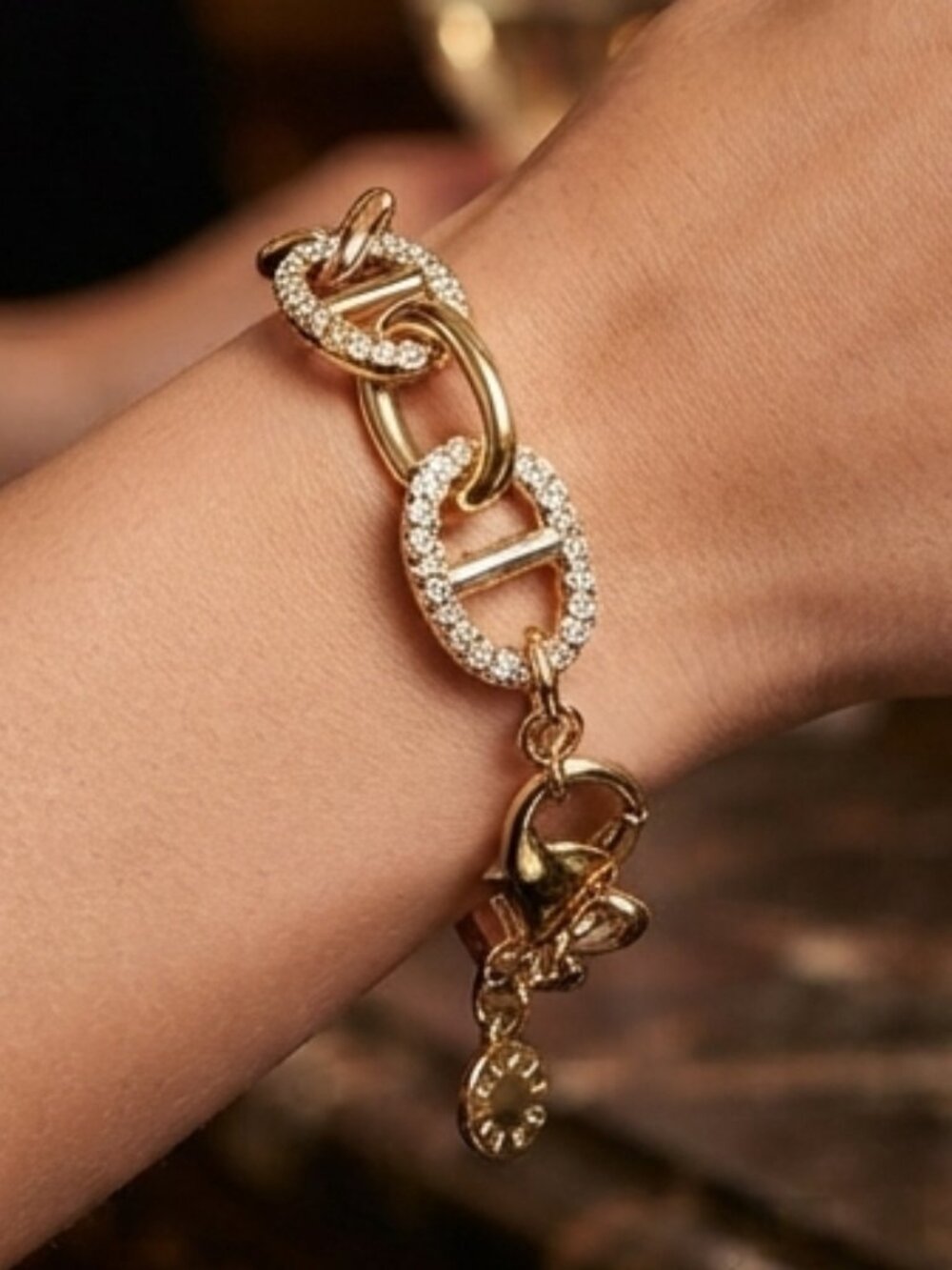 J.Crew Factory Chunky Chainlink Crystal Gold Bracelet NWT